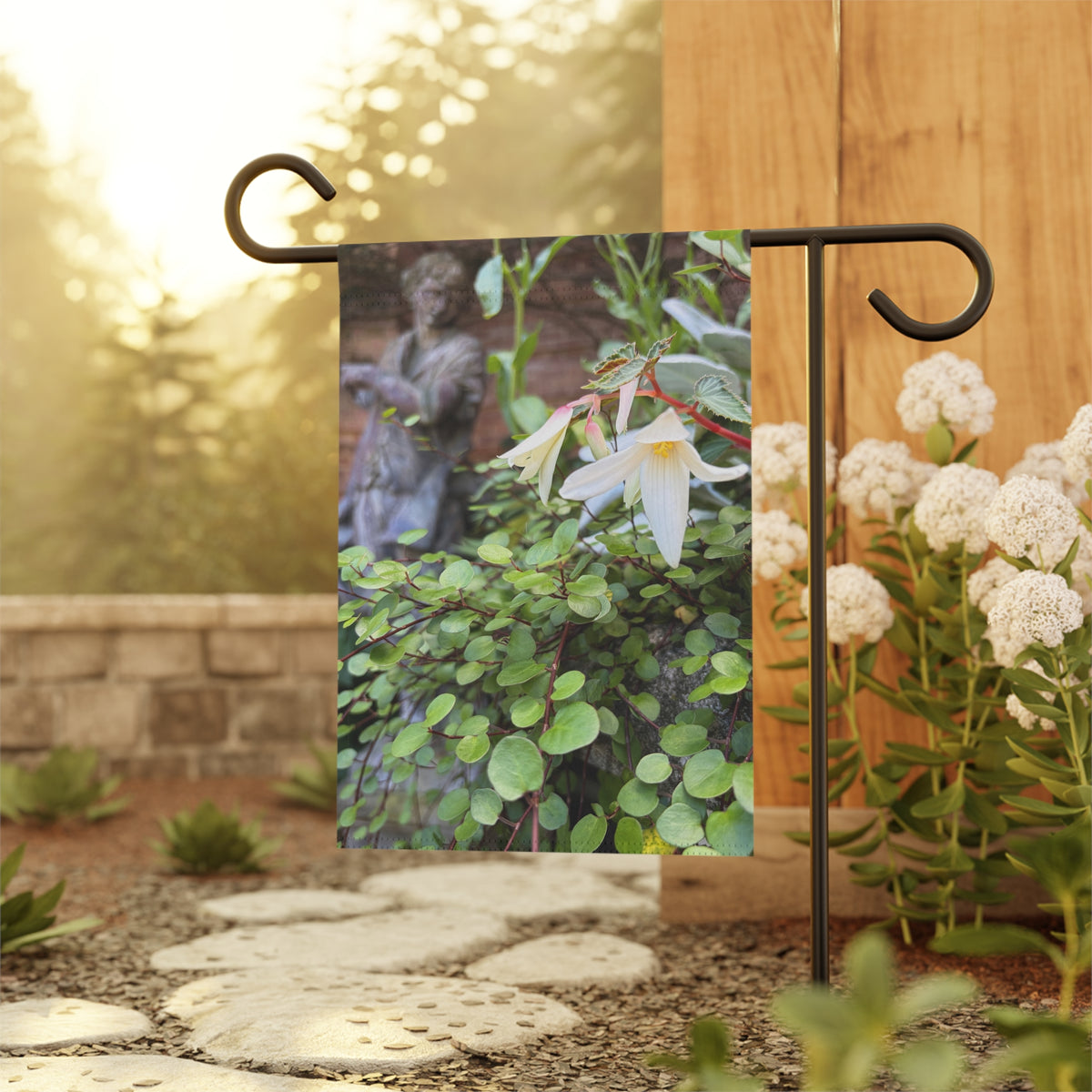 "The Garden Keeper" Garden Flag — White Begonia & Statue Botanical Yard Banner