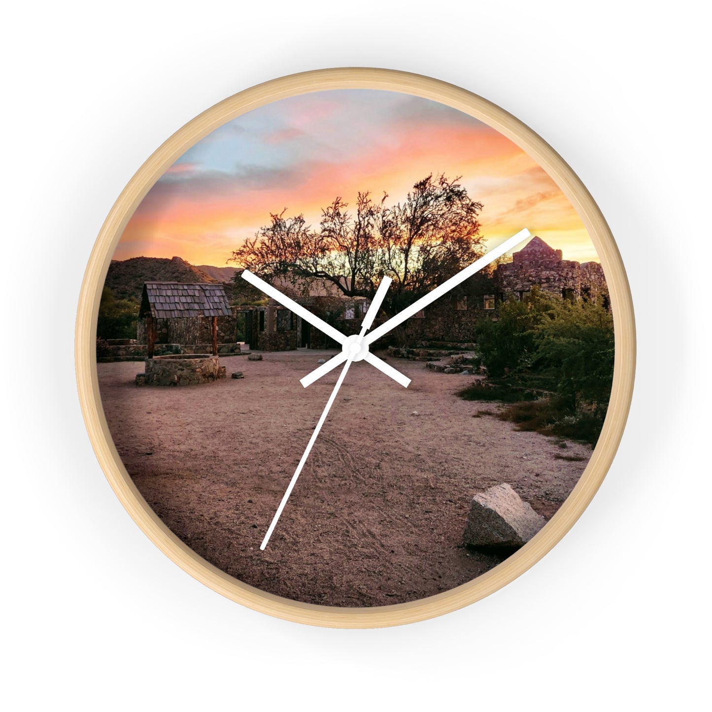 Scorpion Gulch Sunset Wall Clock Desert Ruins Golden Hour Art (Round Wooden Frame)