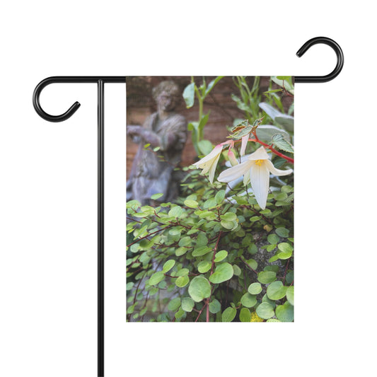 "The Garden Keeper" Garden Flag — White Begonia & Statue Botanical Yard Banner