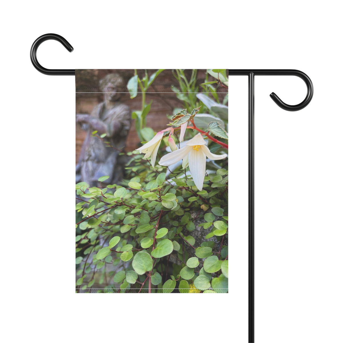 "The Garden Keeper" Garden Flag — White Begonia & Statue Botanical Yard Banner