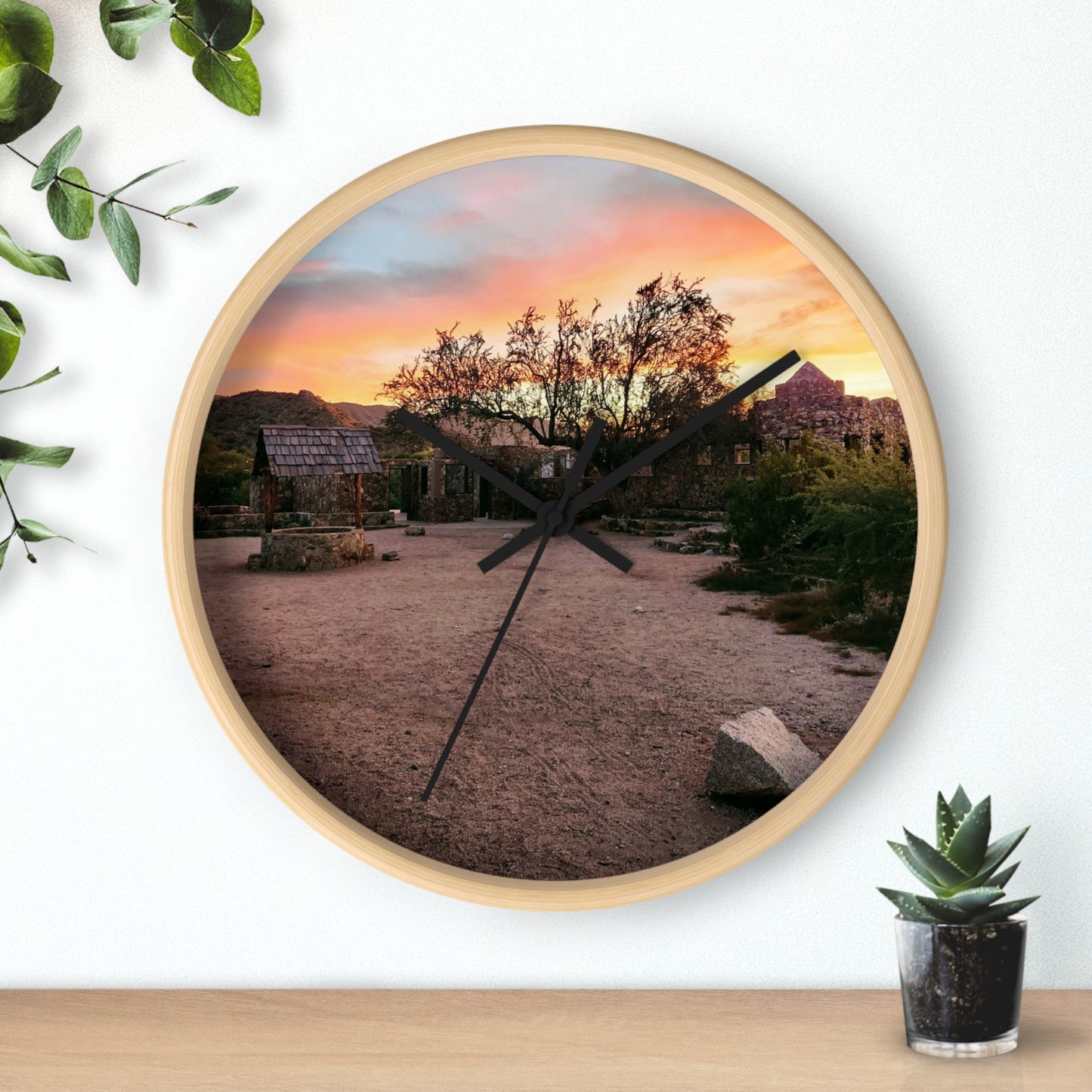 Scorpion Gulch Sunset Wall Clock Desert Ruins Golden Hour Art (Round Wooden Frame)