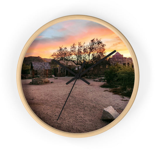 Scorpion Gulch Sunset Wall Clock Desert Ruins Golden Hour Art (Round Wooden Frame)