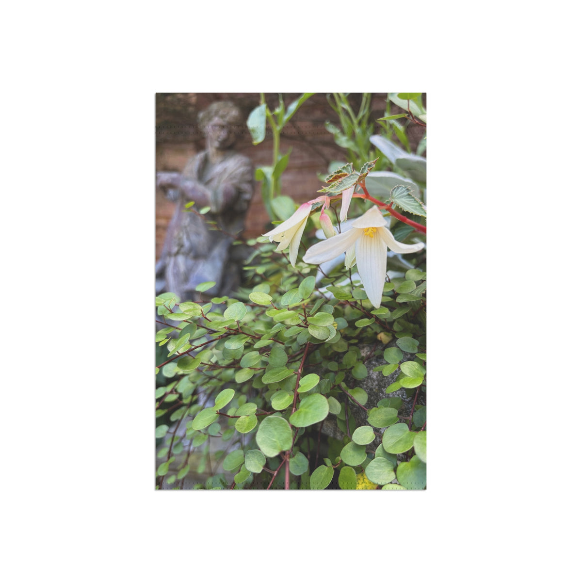 "The Garden Keeper" Garden Flag — White Begonia & Statue Botanical Yard Banner