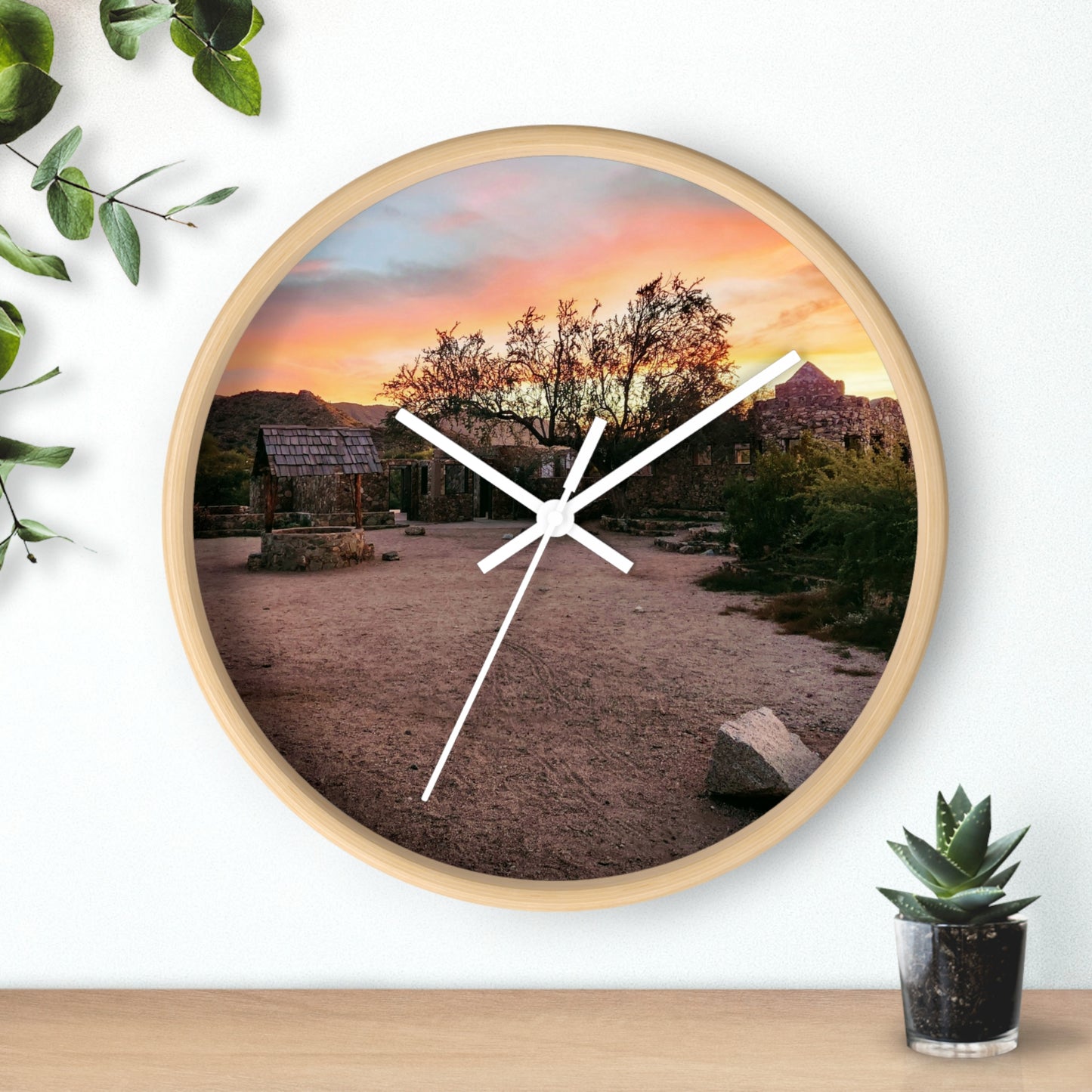 Scorpion Gulch Sunset Wall Clock Desert Ruins Golden Hour Art (Round Wooden Frame)